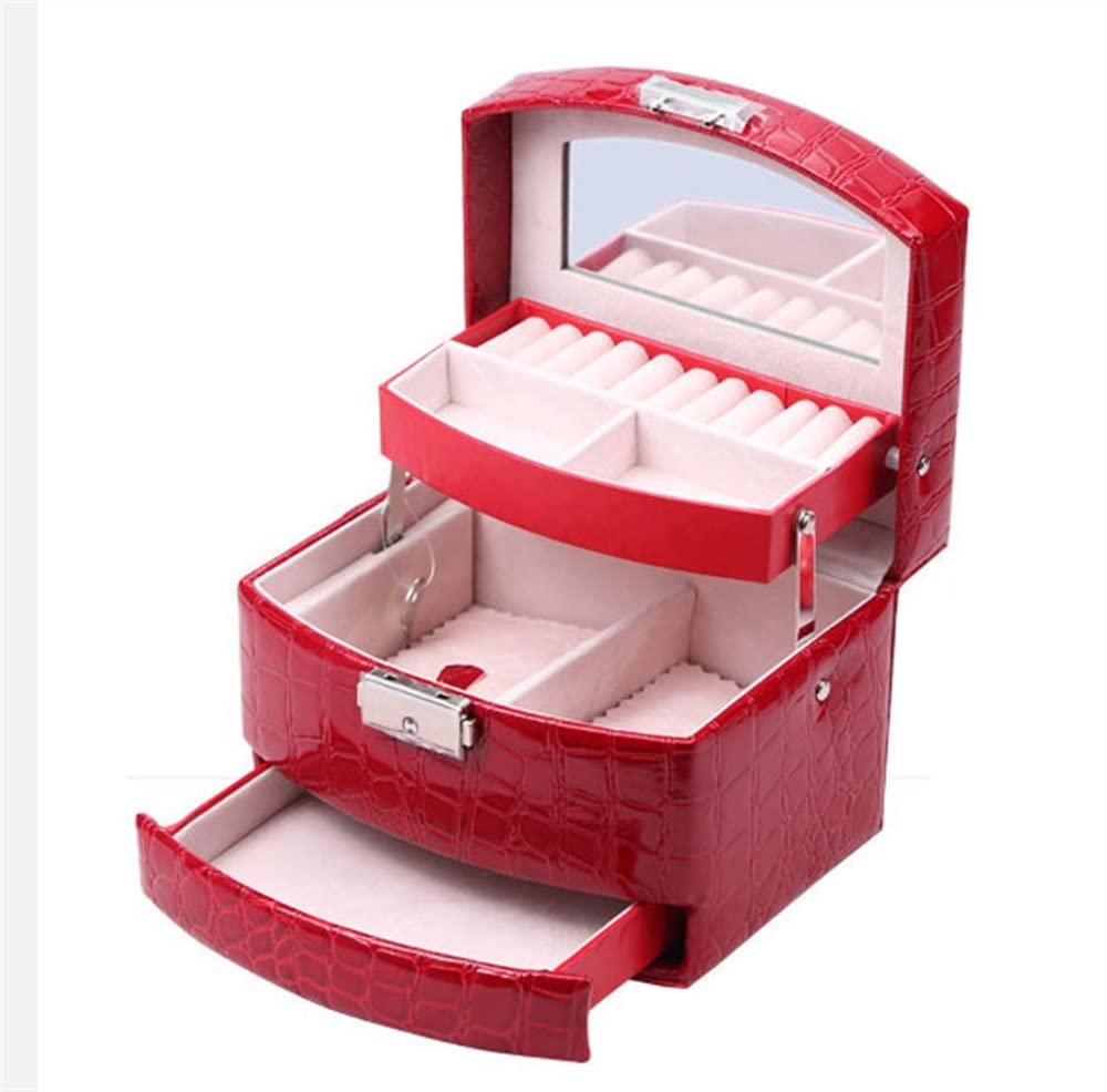 TIANQIHAO Portable Jewelry Box, Jewelry Box For Women Girls, 3 Layer Jewelry Organizer Box, Travel Jewelry Case, Pu Leather Jewelry Box Organizer,Red