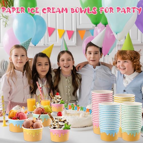 Image of 100 Pcs 10 oz Ice Cream Cups Paper Disposable Dessert Bowls Paper Ice Cream Sundae Bowls Bulk Dessert Cups Yogurt Snack Soup Containers for Cold or Hot Food Summer Birthday Party Supplies