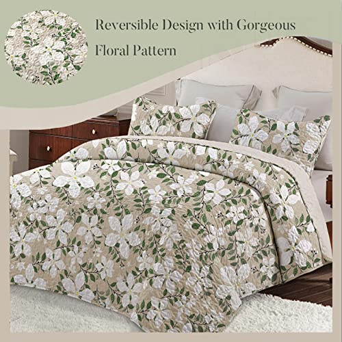 Whale Flotilla Reversible Floral Quilts Full Queen Size, Lightweight Boho Printed Bedspreads Coverlets Quilt Bedding Set with 2 Pillow Shams for All Seasons, White/Bone