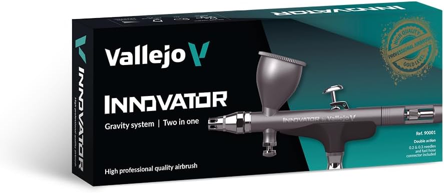Vallejo - Airbrush Innovator, Profesional Dual-Action Gravity-Feed System with 0.2 & 0.3mm Nozzles and 0.3 fl.oz. Cup Included, Adjustable Needle-Travel Regulation, Ultra-Light Alloy Construction