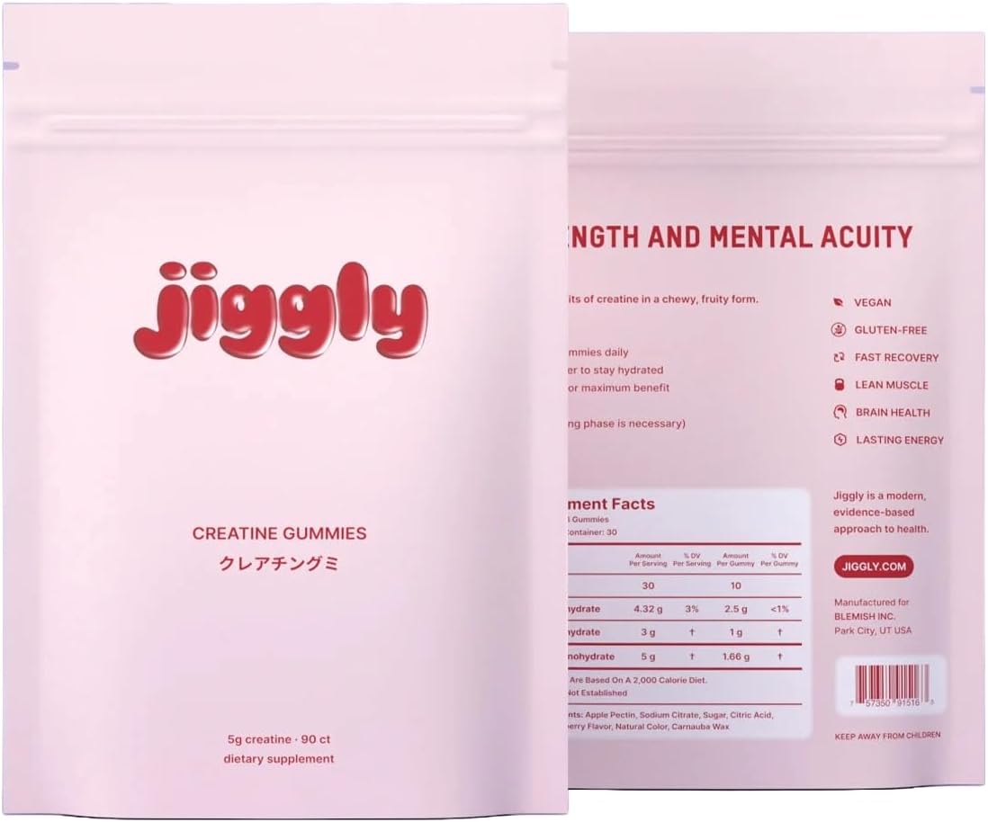 Jiggly Creatine Monohydrate Gummies for Men & Women, Boost Focus, Strength, and Endurance, Anti-Melting Formula, Vegan, Gluten-Free, Non-GMO, 5g of Creatine per Serving (Natural Strawberry, 90 ct)