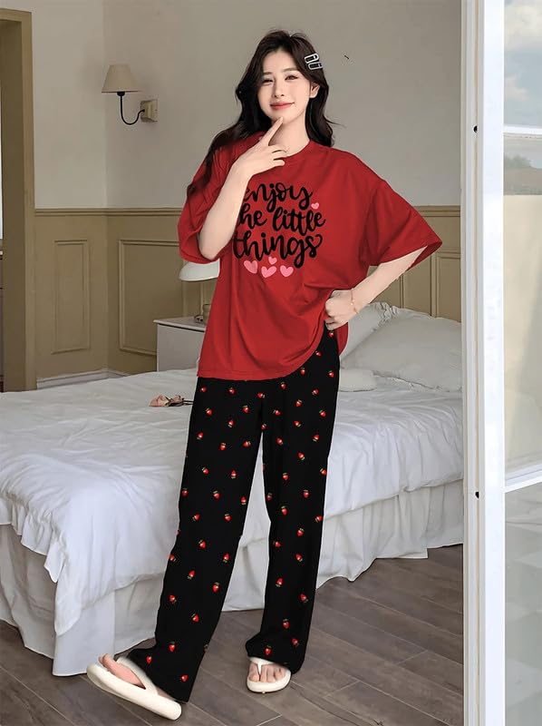 Image of KSHS Printed Round Neck Short Sleeve Nightsuit Set | Pajama Set | Casual Night Dress for Women
