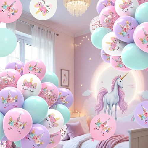 Image of Unicorn Pastel Balloons - 51pcs Light Pink Purple Macaron Tiffany Blue White Confetti Latex Balloons for Girls Women Unicorn Birthday Baby Shower Wedding Princess Party Decorations