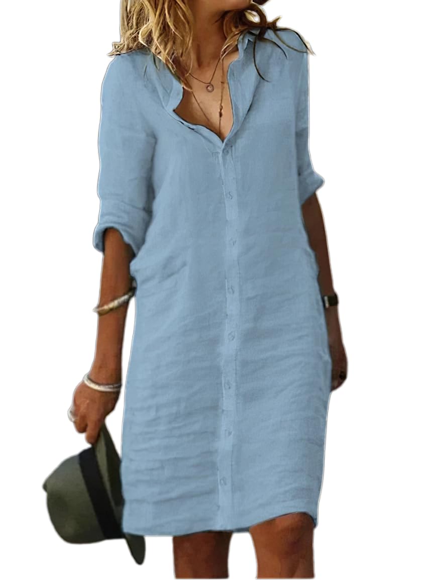 Akivide Womens Button Down Cotton Linen Shirt Dress Casual 3/4 Sleeve Loose Summer Beach Midi Dress with Pocket