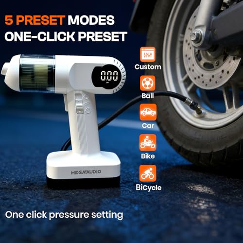 Image of MEGAAUDIO MATI07 3-in-1 Cordless Car Vacuum Cleaner & Tire Inflator, Portable 12V Air Compressor Pump for Car, Bike & Balls, 100 PSI Max Pressure, 60W High Suction Handheld Vacuum with LED Light