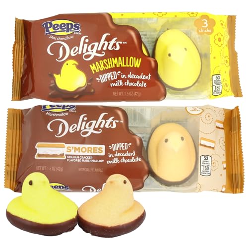 Sweetzo Smores Delight Peeps, Marshmallow Chicks with Graham Cracker Sugar and Chocolate Dipped, Limited Edition Easter Treats, 1.5 Ounce, (Pack of 3) (Chocolate Dipped and S'mores)