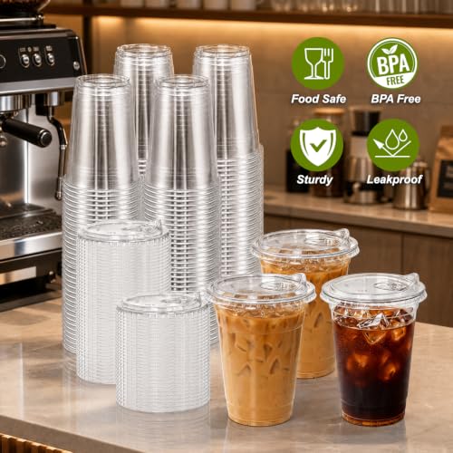 Image of Ginkgo 100 Pack 20 oz Clear Plastic Cups with Strawless Sip Lids