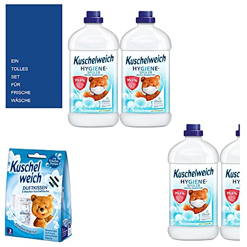 6tlg. Pflege-Set: 4x1500ml Kuschelweich Hygiene-Spüler Wäsche-Desinfektion + Kuschelweich Duftsäckchen - Box Sommerwind + Sisal Tote Bag Cover