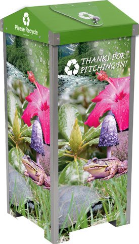 Nature Bin Trash or Recycling Bin with Rain Forrest Landscape | Heavy Duty Steel, Easily Portable | 40 Gallon Capacity with Close Flap Lid