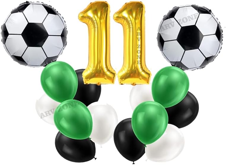 ARV ZONE Football Balloon 11th Birthday Decorations for Boys Soccer Birthday Party Decoration with Green White Black Latex Football Balloon for Kids, Boys, Football Party Supplies (11th Kit)