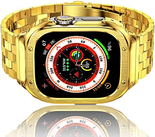 Amznew Apple Watch Ultra Band with Case Compatible for Apple Watch Ultra 49mm, Stainless Steel Metal Apple Watch Bands and Protective Bumper Cover, Rugged Replacement Strap for Men Gold