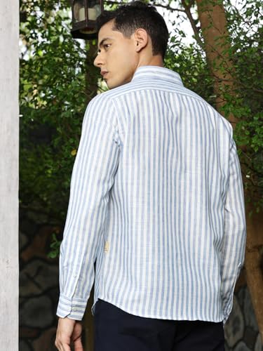 Image of Thomas Scott Men's | Stripes | Full Sleeve | Regular Fit | Linen Blend | Spread Collar | Casual Shirt