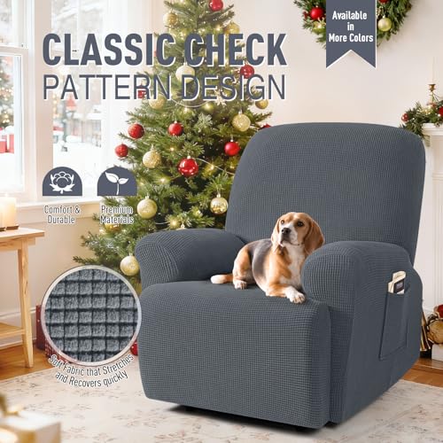 TAOCOCO Recliner Cover 4-Pieces, Recliner Stretch Sofa Slipcover, Recliner Cover 1 Seat, Couch Protector Soft, Furniture Protector Covers with Elastic,Chair Covers Jacquard Pattern (Grey)