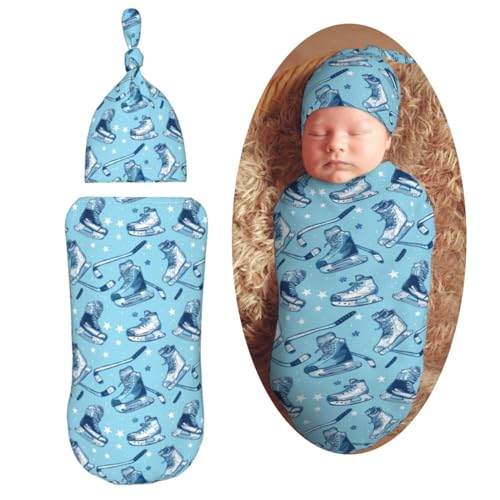 Image of Ice Hockeys Sport Equip Newborn Swaddle Blankets Hat Sets Soft Baby Receiving Blanket Swaddle Sack for Baby Shower Infant Boy Girl Gift