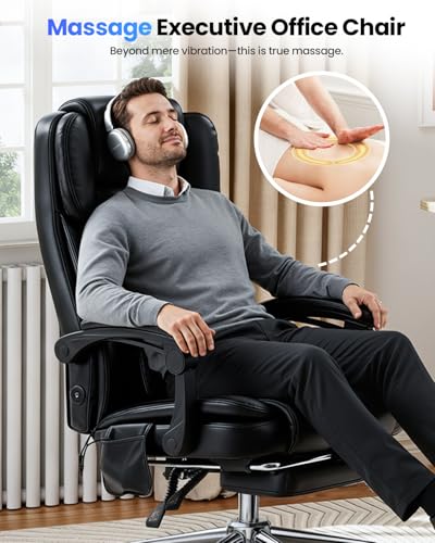 Image of Big and Tall Office Chair with 3D Kneading Massage Lumbar Support, Office Chairs for Back Pain Relief, Ergonomic Comfort 130 Reclining Desk Chairs Managerial Chairs for Heavy People