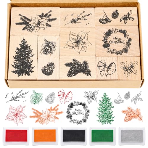 JarThenaAMCS 16 Pcs Merry Christmas Wooden Rubber...
