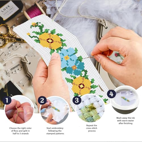 Image of INFUNLY 6 Set Cross Stitch Bookmark Kit Rose Flower DIY Cross Stitch Kit 8 inchx2.4 inch Pre-Printed Sunflower Stamped Embroidery Bookmark with Instruction for Beginners Book Lovers Adults Craft Gift