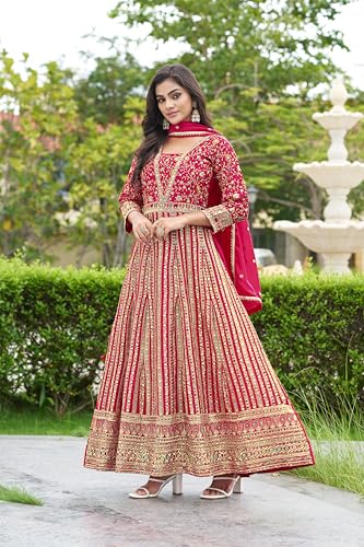 Image of Miss Ethnik Women's Pink Chinon Stitched Gown with Dupatta Full Sleeve Embroidered Anarkali Gown (MER-1275)