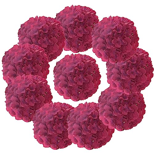 LUSHIDI Silk Hydrangea Heads with Stems Artificial Flowers Heads for Home Wedding Decor,Pack of 10 (Fuschia)