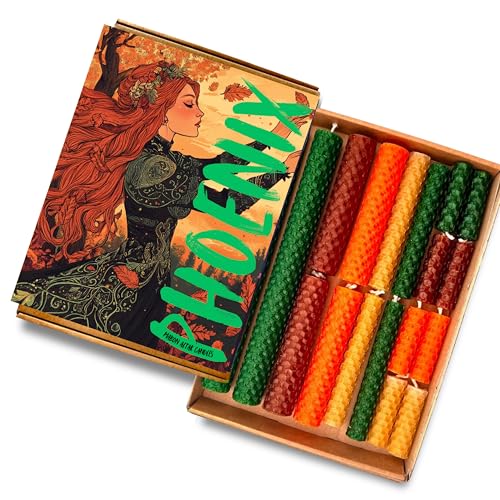 Phoenix Candle Company Mabon Lot de 18 bougies d'autel en cire d'abeille avec guide Mabon et roue de l'année – Roulées à la main