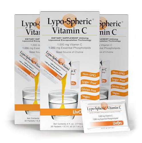 LivOn Laboratories Lypo–Spheric Vitamin C – 3 Cartons (90 Packets) – 1,000 mg Vitamin C & 1,000 mg Essential Phospholipids Per Packet – Liposome Encapsulated for Improved Absorption – 100% Non–GMO