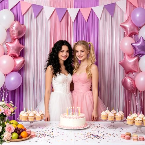 Image of TONIFUL 2Pcs Iridescent Purple White Pink Metallic Foil Fringe Curtain | 3.3ftx6.6ft Photo Booth Backdrop Tinsel Door Streamer, Props for Bachelorette Girls'Dreamy Birthday New Year Decorations
