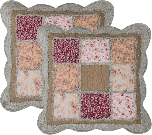 2er Set Kissenbezüge 45x45cm, 100% Baumwolle, Patchwork Design Mit Blumenmustern & Rüschen, Maschinenwaschbar – Landhausstil Akzentkissen(Flower B)