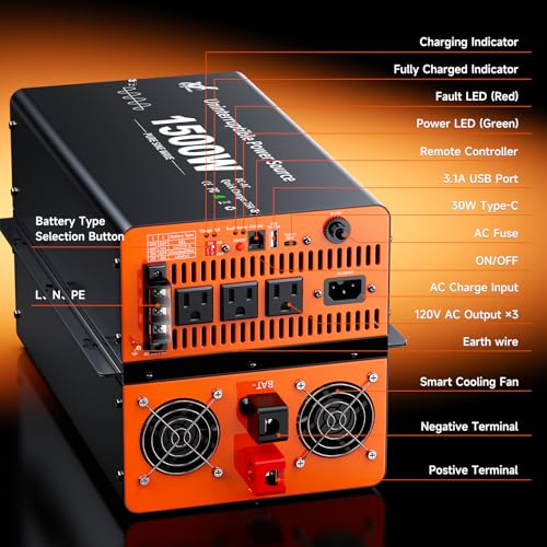 Image of 1500 Watt Sump Pump Battery Backup System, Pure Sine Wave Output, Professional Backup System in The Event of a Power Outage, Remote Controller with LCD Screen, Automatic Grid and Battery Switchover