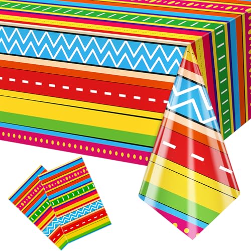 Lemicin 2 Pcs Cinco De Mayo Table Cloths 54 x 108 Inch Mexican Taco Night Colorful Stripe Patterns Plastic Disposable Rectangle Tablecloth for Fiesta Dining Picnic Party Table Cover Supplies