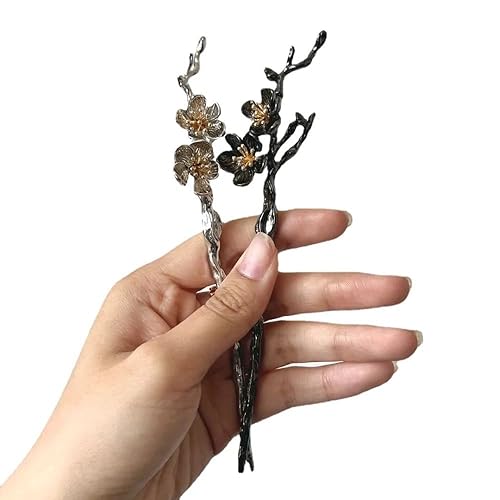 2 unidades de palillos de pelo vintage de camelia de metal para el cabello, accesorios para el cabello para mujer, moño plateado y negro con caja de