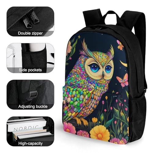 Supdreamc Colorful Owl Flowers Moon Art Rucksack Polyester Anti-Theft Multipurpose Bookbag Big Capacity Travel and Sport Backpack Rucksack With Side Pockets3