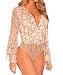 Shawhuwa Womens Sexy Sheer V Neck Sequins Long Sleeve Bodysuit Tops L Apricot