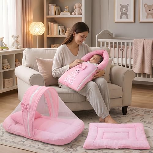 Image of Fareto Combo of Baby Bed with Net | Carry Bag | 4 Pcs Bedding Set (0-6 Months, Baby Size, Cotton) (M Pink)