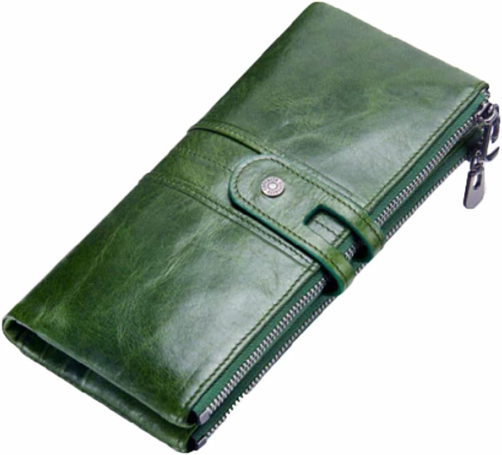 Bifold Wallets for Women | Genuine Leather Ladies Clutch/Wallet with RFID Protection | Slim Zipper Purse/Card Holder Organizer for Women, Green, RFID
