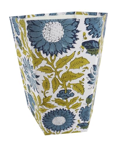 Image of Floral Hand Block Printed 3.3 Gallon Decorative Waste Basket - Eco-Friendly Cardboard Trash Can, Plastic-Free & Sustainable, Perfect for Christmas and Housewarming Gifts (1, Green Blue FLOWAR)