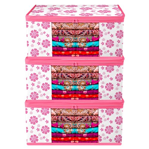 Image of Kuber Industries Zip Closure Saree Cover Bag | Clothes Storage Bag | Wardrobe Organiser | Transparent Window| Flower-Design | 9 inch | Pack of 3 | Pink
