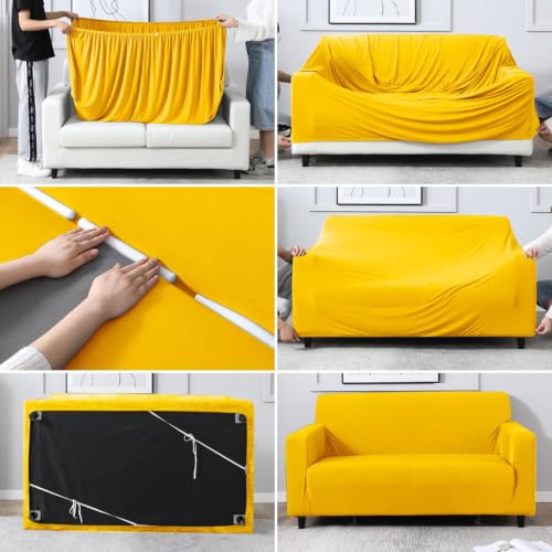 Image of HOKIPO Printed 5 Seater Fully Covered Sofa Cover in 3 Seater and 2 Seater Configuration, Sunny Yellow (NEW-AR-4278-E20 + AR-4279-E20)