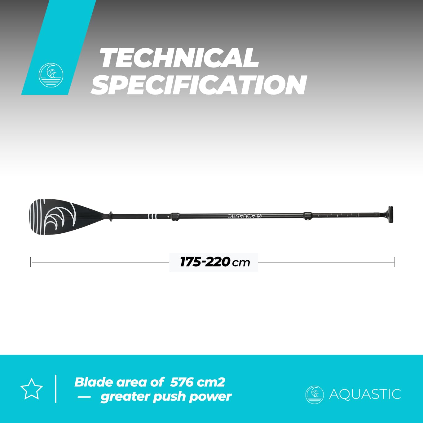 AQUASTIC SUP/wiosło do kajaka, 3-częściowe, wszechstronnie regulowana długość 175-220 cm, trwały trzpień aluminiowy, kompaktowy, lekki łopatka wioślarska AQS-SPD004 czarne