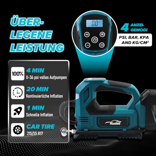 MaxAwe Accucompressor voor Makita 18 V, elektrische draadloze luchtpomp met autokabel en 3 sproeiers, draagbare bandenpomp met ledlicht, voor auto's, motorfietsen, fietsen, ballen (zonder accu) - Afbeelding 5