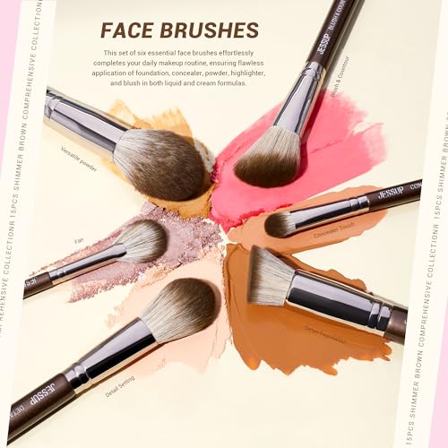 Jessup Makeup Brushes Set 15pcs Brown Make up Brushes Set Professional Premium Synthetic Foundation Eyebrow Concealer Blush Eyeshadow Contour Eyeliner Powder Blending Highlighter Brush - Image 4