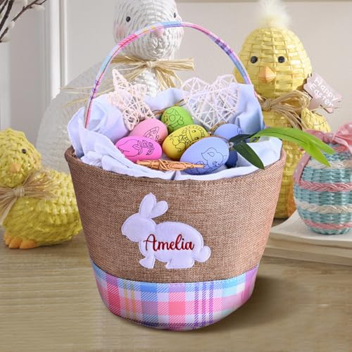 Personalized Name Basket for Boys Girls Easter Bunny Basket for Kids Egg Hunting Easter Basket Gift for Holidays(Pink)