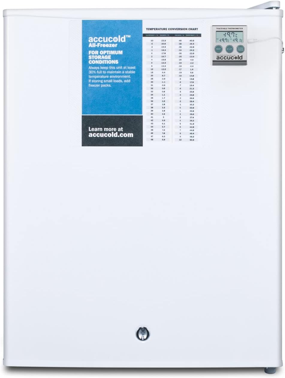 Accucold FS30L7PLUS2 19-Inch Wide Compact All-Freezer - White; Commercially Approved; NIST Calibrated Thermometer; Factory Installed Lock; RHD (Right Door Swing); CARB Compliant