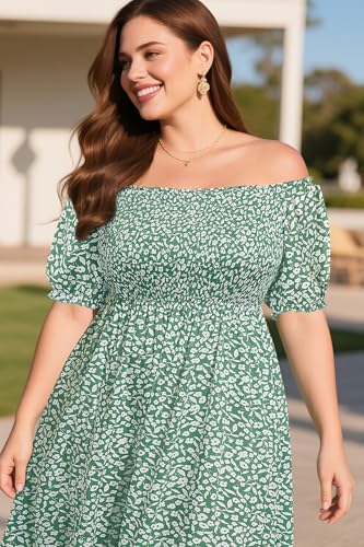 Image of Plus Size Summer Dresses Sun - Maxi Boho Casual Off Shoulder Floral Lace Long Dress with Pockets