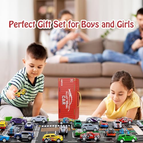 Image of 48 Pcs Pull Back Mini Car Toy Set with Container Storage & Foldable Road Map Play Mat | Friction Powered Vehicles for Kids Boys Girls (48Psc Car Set)