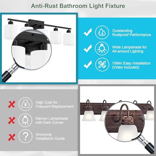Image of Bathroom Black Lighting Fixtures Over Mirror, Anti-Rust 5-Light Bathroom Vanity Lights,Milky White Glass Shades