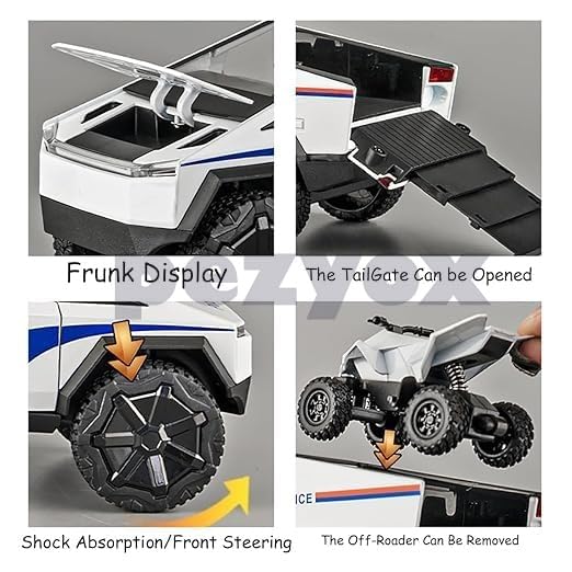 Image of 1:24 Scale Die-Cast CyberTruck Police【Free Wheel】 with 6 Openable Doors,Steerable Tyres,Working Horn,Working Lights (White)