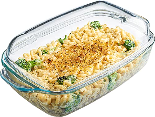 Simax Glass Casserole Baking Dish: Clear Glass Round Casserole Dish with Lid and Handles - Covered Bowl for Cooking, Baking, Serving, etc. - Microwave, Dishwasher, and Oven Safe Cookware â€“ 3 Quart Dish + 2.2 Quart Lid