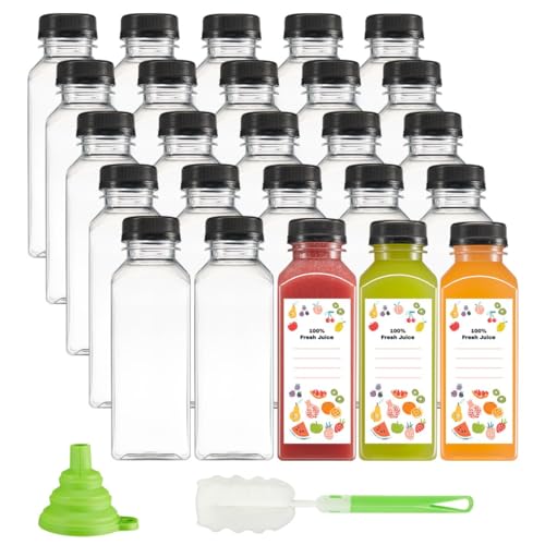 GUSTO [12 oz. - 25 Count Reusable Plastic Juice Bottles With Caps, Labels, Brush, and Silicone Funnel - Clear plastic Bottles with Caps, Juice Containers with lids, for All Beverages
