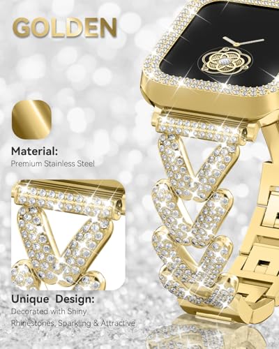 Image of Rhinestones Encrusted Metal Bracelet and Case, Compatible with Apple Watch Bands 38mm-49mm (Series 11 /10 /1 /SE /Ultra 2)- Bling Gold Women's Jewelry Strap, Luxury iWatch Bracelet