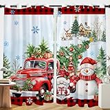 Christmas Curtains for Living Room, Red Truck with Christmas Tree Blackout Curtain for Bedroom, Snowman Sheer Curtains 84 Inches Long 2 Panels Set, Winter Holiday Window Treatment for Dining Room
